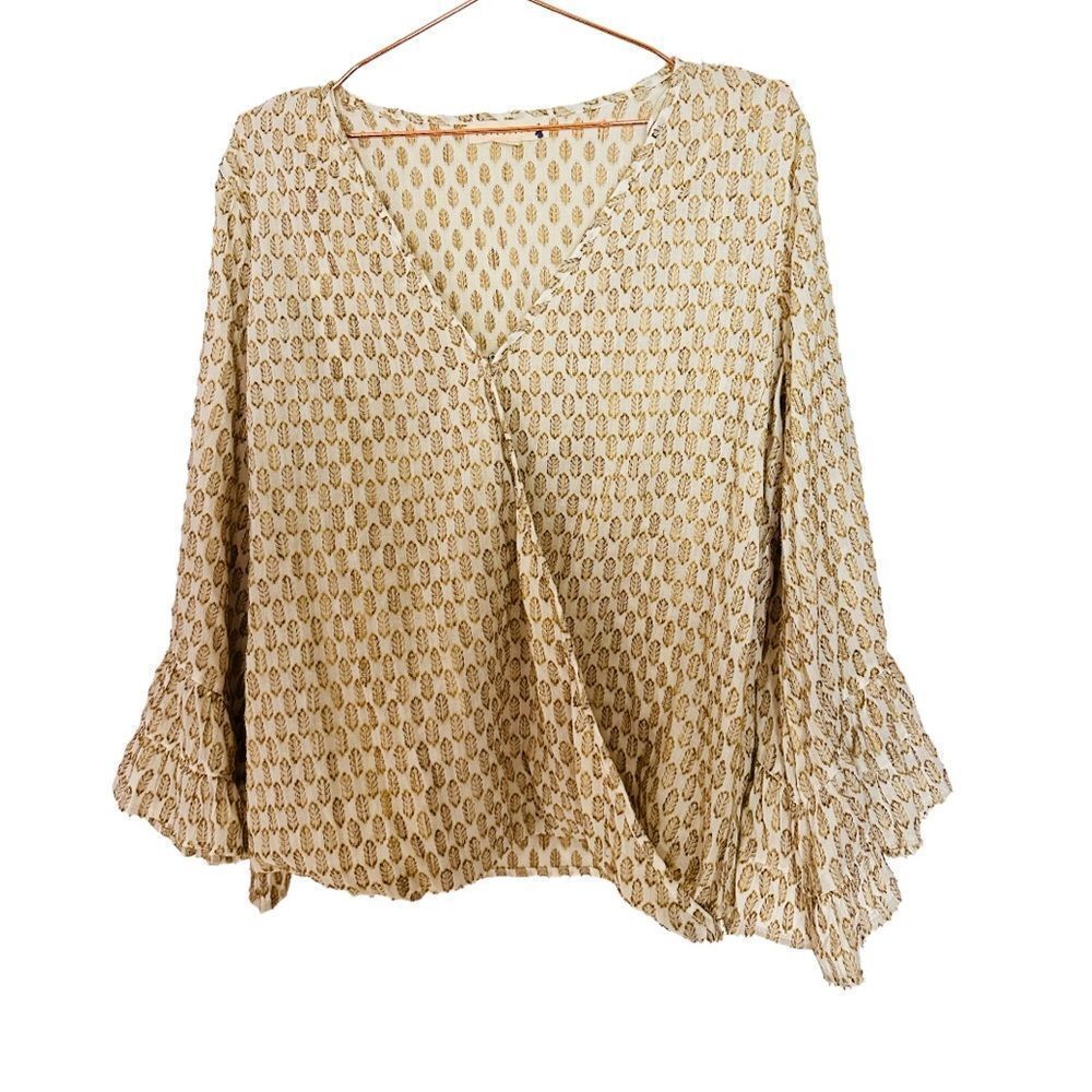 Love Stitch Cream and Gold Printed Wrap Blouse